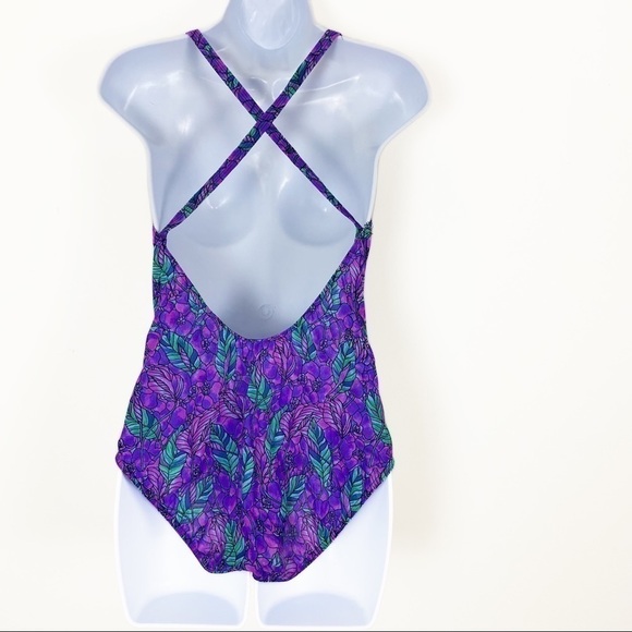 SCLAR Purple Floral Vintage Retro Style Y2K Semi Sheer Bodysuit Leotard Size 12 - Picture 5 of 9